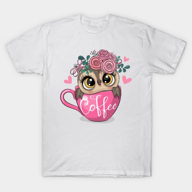 A cute owl with flowers on its head sits in a cup T-Shirt by Reginast777